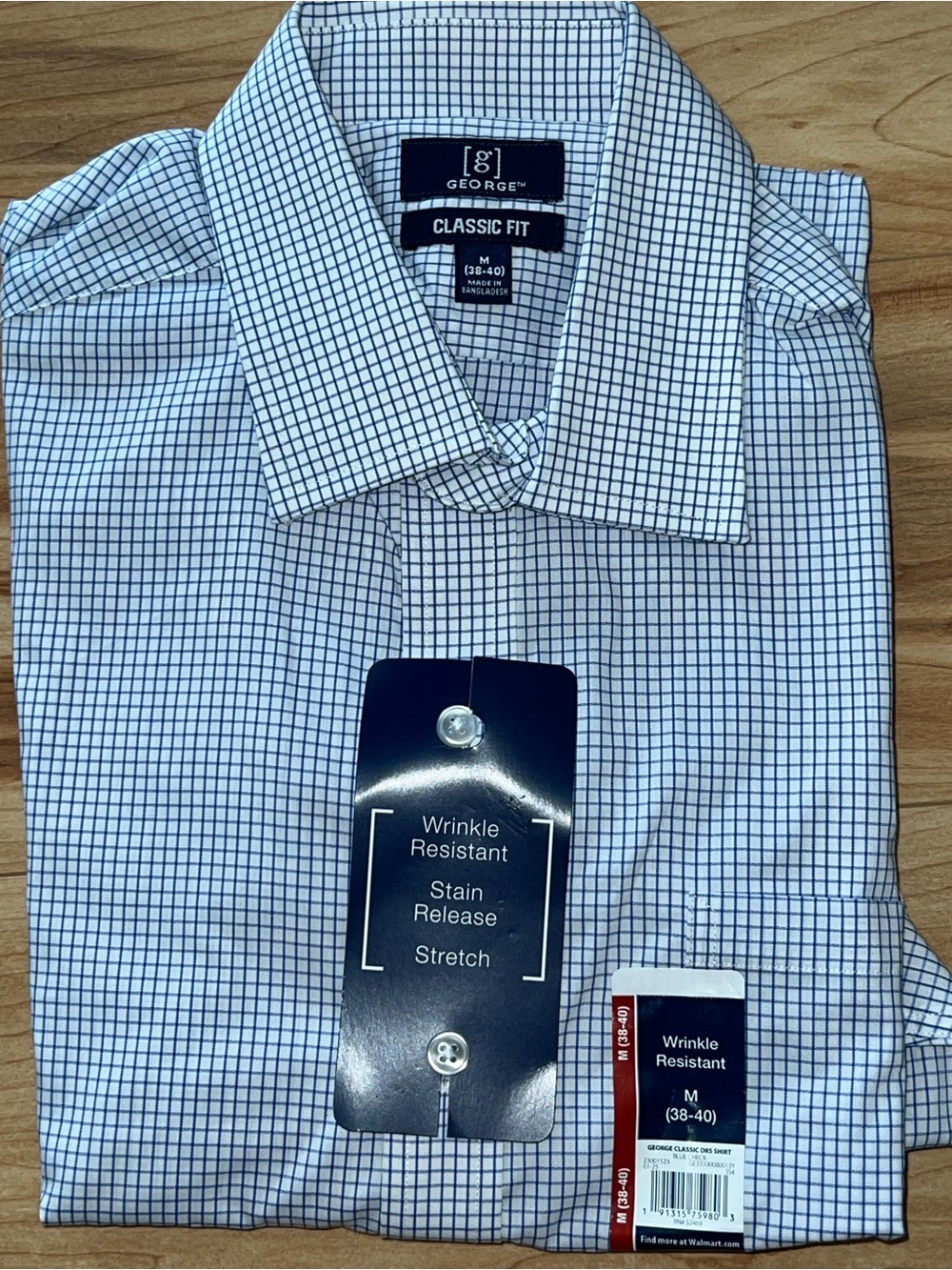 George Men's Classic Fit White Shirt with Blue Micro-Check